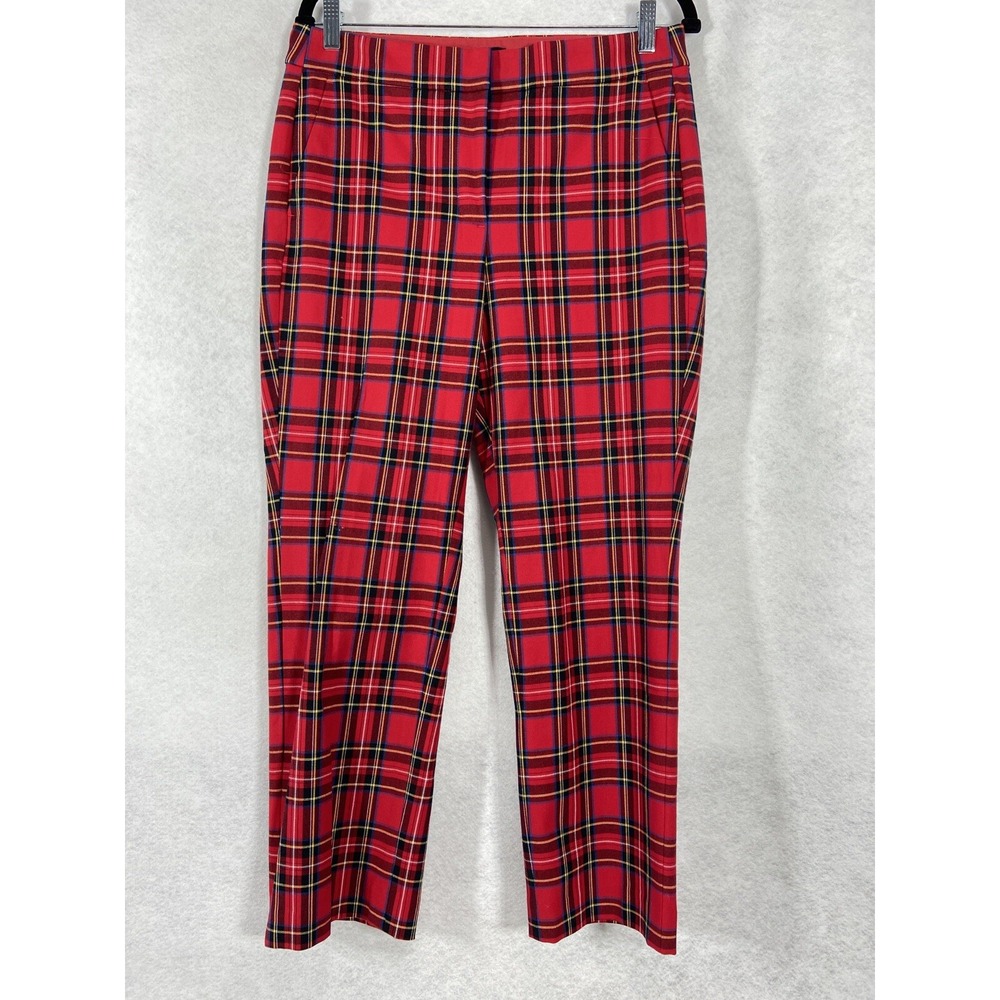 J Crew Pants Women's 10 Red Blue Plaid Pull On Stretch Holiday Straight Leg